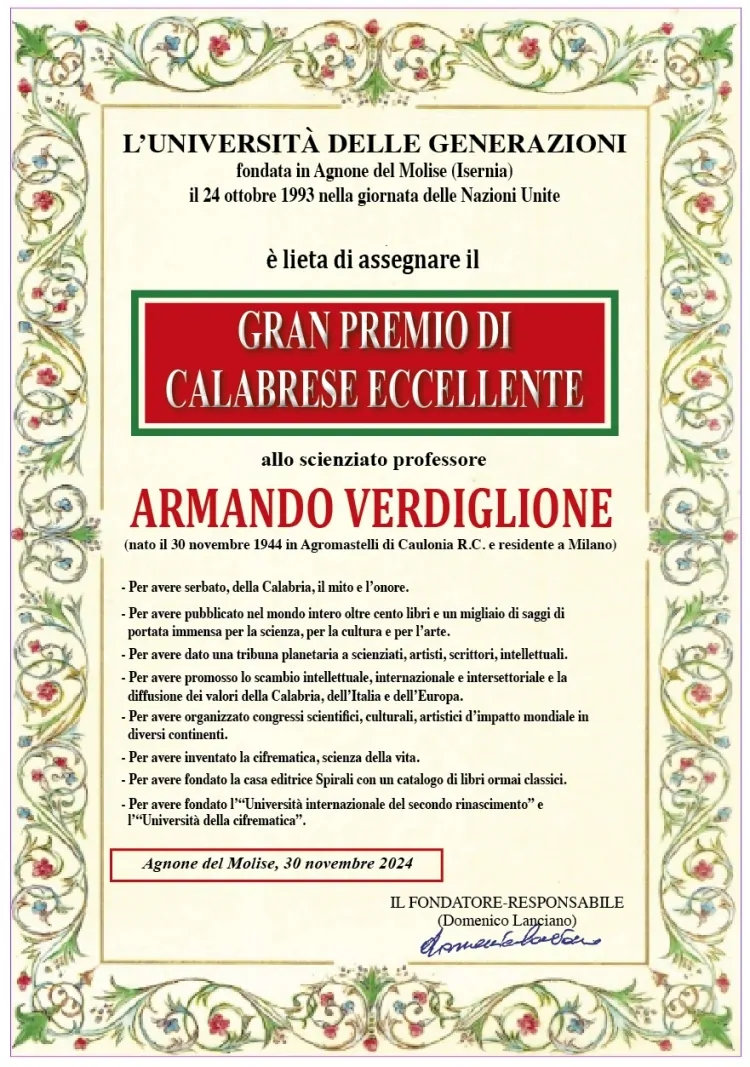 Caulonia (RC): Gran Premio di Calabrese Eccellente conferito al neo-ottantenne scienziato Armando Verdiglione dall’Università delle Generazioni